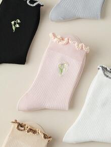 1/5 pares de calcetines de media caña con tulipanes florales y encaje para mujer, calcetines dulces y lindos para uso casual diario, otoño - Multicolor - Ver 4