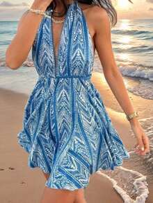 Women Halter Deep V-Neck Backless Vacation Midi Dress - Blue - View 2