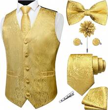 Fashion Vest For Men Paisley Jacquard Tie Waistcoat Bow Tie Hanky Lapel Pin Cufflinks Set Wedding 7PCShalloween - 金色 - 查看 1