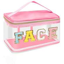1pc Girls Letter Clear Makeup Bags, Preppy Pink Hair Bag Chenille Patch Makeup Bag Travel Cosmetic Bag With Handle Zipper Waterproof TPU Hair Accessories Organizer Pouch For Girls - Transparent - View 7