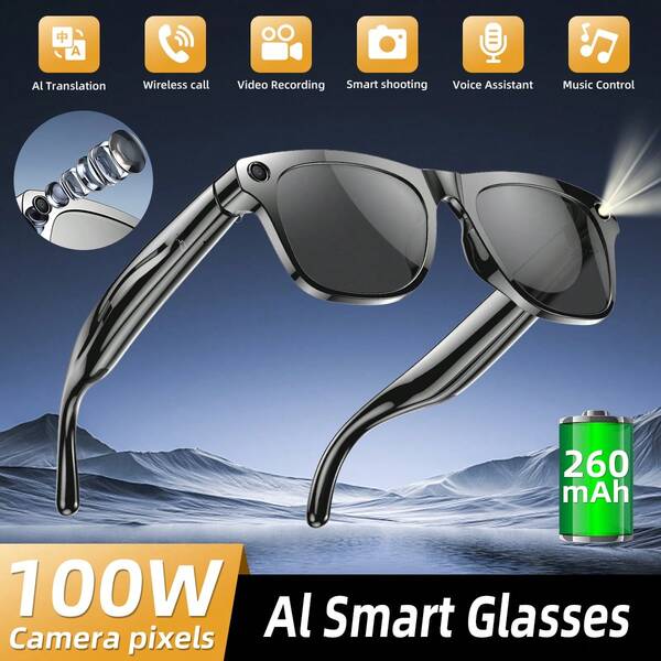 New Smart Glasses, Durable, Large Battery Capacity, Long Battery Life, Music Control, AI Voice Assistant, Notification Sound, Translation, Intelligent Image Recognition, With LED Flashlight