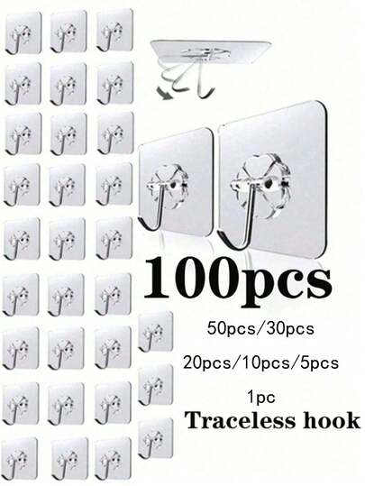 10-1pc Seamless Wall Hook, No-Nail Wall Hanging, Strong Adhesive Hook, Glue Stick Wall Hook, Self-Adhesive, Transparent, Removable, Waterproof, Rust-Proof, Suitable For Kitchen, Bathroom, Living Room