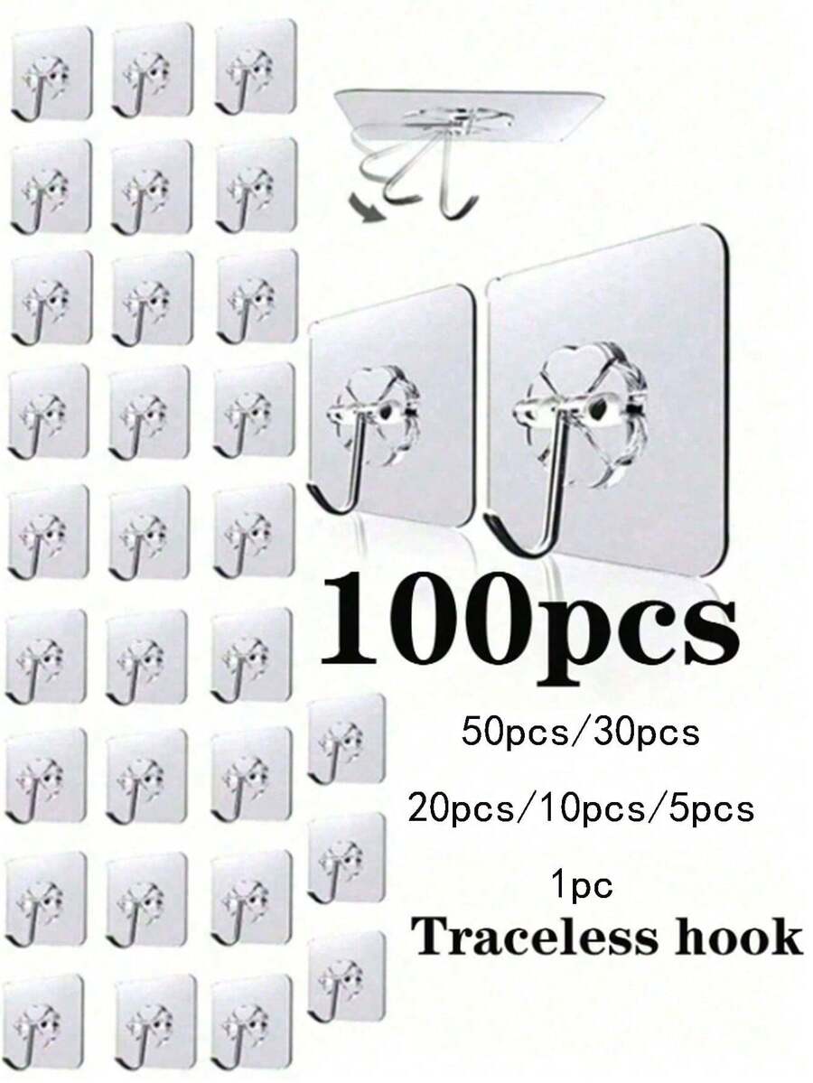 10-1pc Seamless Wall Hook, No-Nail Wall Hanging, Strong Adhesive Hook, Glue Stick Wall Hook, Self-Adhesive, Transparent, Removable, Waterproof, Rust-Proof, Suitable For Kitchen, Bathroom, Living Room