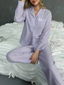 2件套女士条纹纽扣前袋长袖睡衣套装+抽绳腰裤睡衣套装，秋季服装 - 紫色 - 查看 3