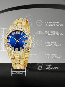 4PCS Gold Alloy Strap Luxury Men's Watch Set Fashion With Calendar Roman Digital Scale Dial Quartz Watch Bracelet Necklace Set Suitable For Daily Clothing Matching Perfect Gift