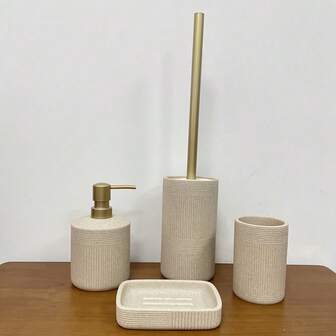米色砂岩横竖纹卫浴四件套：乳液皂液器瓶、玻璃杯、皂盒、马桶刷