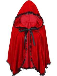 Red & Burgundy Halloween Velvet Cloak, Short Ruched Lace Trim Hooded Cape