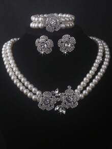 1 Set Bridal Accessories: 2-Row Elastic Bracelet + 2-Row Beaded Necklace + 1 Pair Earrings, Elegant Chain Set For Wedding Dress, Banquet, Ceremony