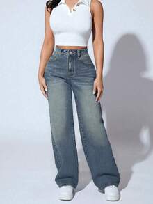 Teens' Loose Straight Leg Distressed Casual Jeans, Slim Straight Leg Jeans - Medium Wash - View 4