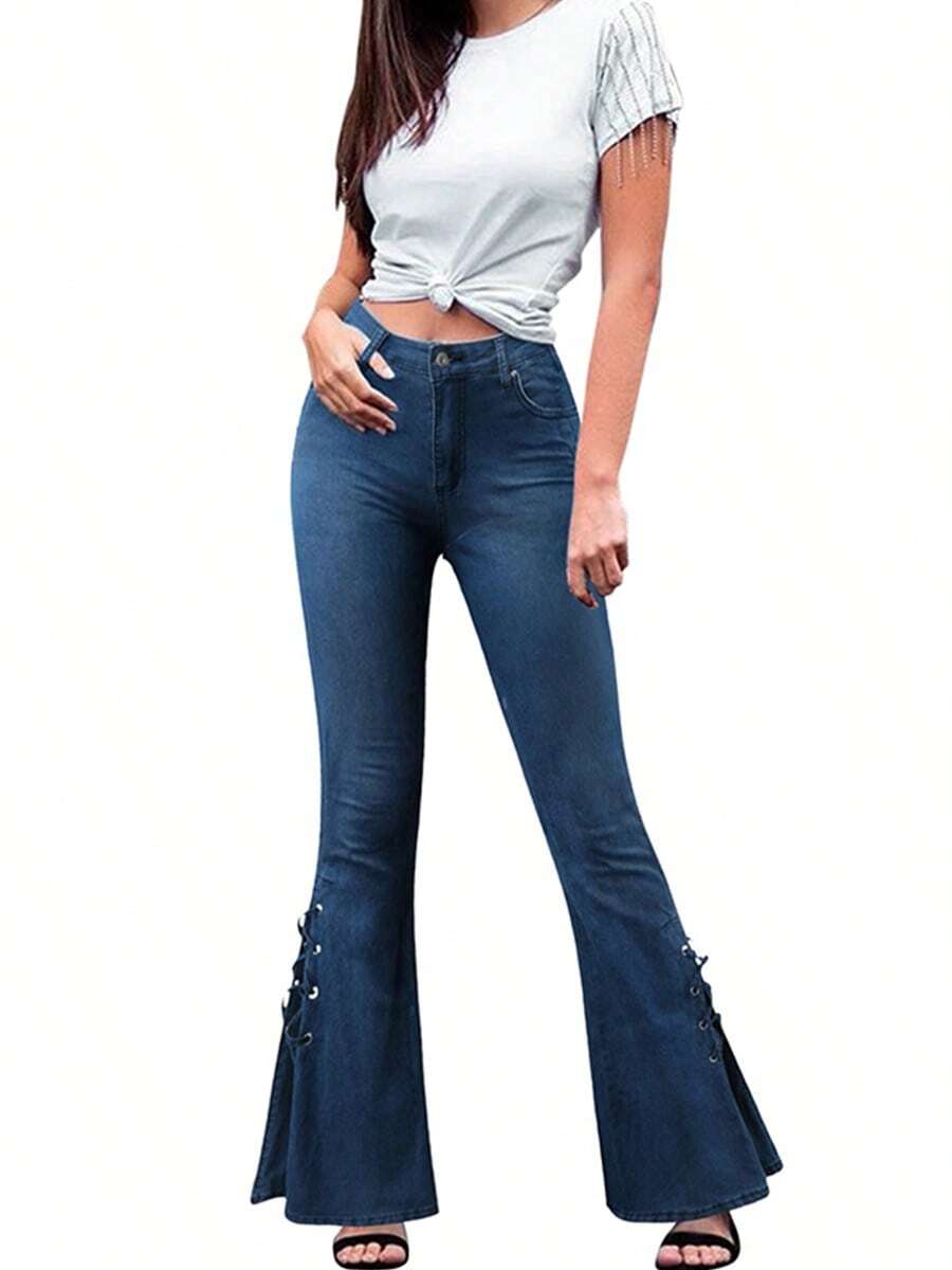 Women Jeans, High Waist Tie-Up Solid Slim Fit Casual Flared Pants Trousers Streetwear - 深藍色 - 查看 1