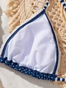 Ladies' Swimsuit Sexy Fashion Blue Two Pieces Swimsuit Lace White Bead Accessories Summer Beach Bikini Set Random Print