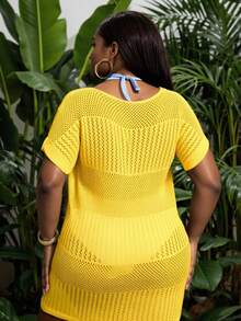 Slaydiva Plus Size Women's Plain & Simple Everyday Cover Up,Summer Beach - Yellow - View 2
