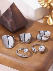 Set de 5 anillos geométricos apilables con diseño de gota de agua, accesorios diarios, de cita, de fiesta y de regalo para vacaciones para mujeres - Plateado - Ver 3