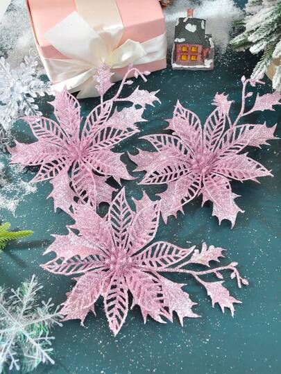 1/6/12/18/24PCS Christmas Flowers Sparkling Artificial Flower Heads Christmas Tree Wreath DIY Christmas Decorations, Wedding Parties, Festival Decorations