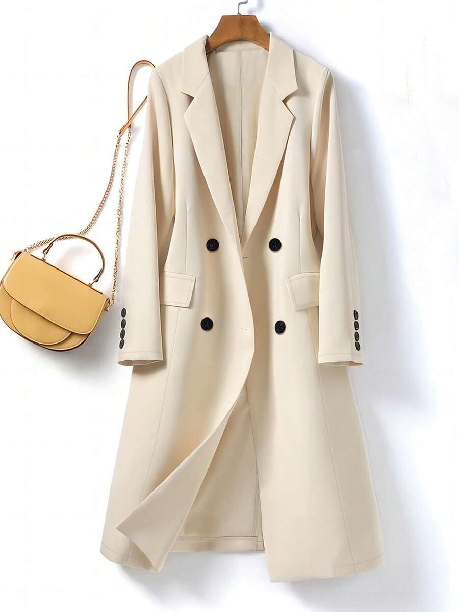 女士休闲长袖双排扣长款西装外套，适合通勤 - 杏色 - 查看 1