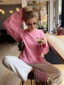 Pulover roz cu mânecă lungă, guler rotund, mărime plus, pulover cu umeri căzuți, culoare solidă, topuri tricotate casual, crop lejer, haine elegante și chic de toamnă pentru femei, ținute de Halloween/Crăciun pentru ieșiri în oraș de toamnă/iarnă