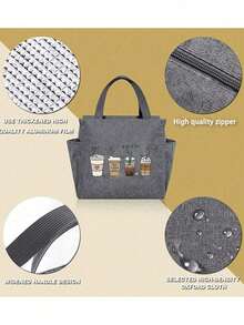Thermal Bag, Insulated Bag With The "Four Cups Of Coffee" Pattern Paired With A Black Cutlery Storage Bag, A Double Pocket Lunch Box Bag, Large Capacity, Student Meal Insulated Refrigerated Bag, Portable Travel Picnic Bag, Office School Lunch Bag Insulated Lunch Box, Work Lunch Box, Work Office Holiday Lunch Box, And Multi-Functional Camping School Lunch Box For Both Men And Women