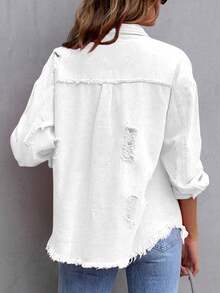 Women's Casual Ripped Distressed Pocket Denim Jacket, Spring/Autumn - White - View 9