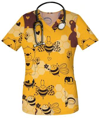 Women's Bee & Bear Print Spring & Summer Fall V-Neck Scrub Short Sleeve Nurse Uniform Tops With Pockets For Women