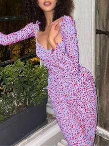 New Sexy Elegant Ditsy Floral Long Sleeve Swing Dress, Bohemian Style Vacation Dress For Women, Early Autumn