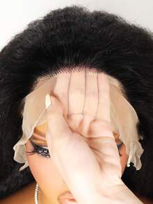 Blended Wigs-A Mix Of Human Blended Hair And Synthetic Yaki Straight Human Blended Hair With Elastic Drawstring Wig Bye Bye Knots Pre Cut 13x4 Lace Front 180% Density Put On And Go 3S Wear Glueless Yaki Wig Pre Plucked Pre Bleached Invisible Knots - Natural & Black - View 4