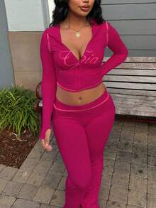 Melton Spring And Summer Print 2 Pieces Set Causal Street Outfits Women Y2K Fashion Long Sleeve Zip Hooded Crop Tops Pants Set - Hot Pink - View 1