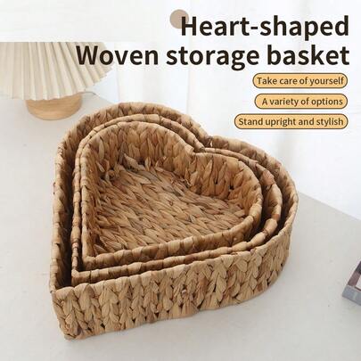3pcs (S+M+L)/1set Handwoven Rattan Baskets, 3-Piece Nested Storage Baskets Set In Large/Medium/Small Sizes, Natural Water Hyacinth Woven Baskets For Food Pantry Shelves, Rattan Trays For Coffee Tables And Home Decor, Bohemian Reusable Storage Organizer Baskets For Stationery, Snacks, Toys, Cosmetics, Desktop Organizer, Ideal Gift Basket