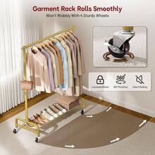 Perchero de ropa de gran resistencia, perchero rodante de metal de 43 pulgadas de ancho para colgar ropa, perchas, abrigos, camisas, vestidos, color negro - Oro + Varilla simple - Ver 4