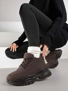 Zapatillas de plataforma gruesa con forro de piel de imitación suave para mujer, botas casuales de invierno - Marrón - Ver 1