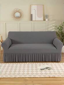 1pc Ruffled Sofa Cover, Solid Color Stretch Full Coverage Sofa Slipcover, Polyester Fiber All Season, Minimalist Modern - Dark Grey - View 5