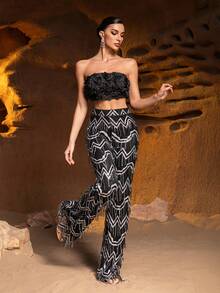 ​​​​​Elegant Strapless Floral Embellished Crop Top & Fringed Sequined Straight Leg Pants, Luxury Ladies' Formal Two Pieces Party Set For Gala Dinners, Black-Tie Events, Charity Balls, Luxury Weddings, Formal Receptions​ - Black - View 7