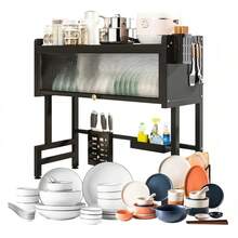 Escurridor de platos con solapa para sobre el fregadero, extensible, para encimera, con cubertero y escurridor, ahorra espacio. Organizador de platos de 3 niveles, cubertero, cesta, tabla de cortar, 6 ganchos (85 x 30 x 80 cm) - Negro - Ver 11