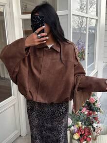 DEEKA 休闲绒面飞行员夹克，棕色，适合春秋 - 棕色 - 查看 6