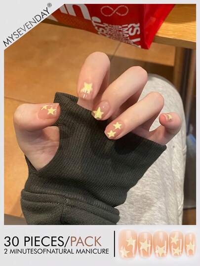 30 Peças de Unhas Postiças Quadradas/Impressão de Estrela Amarelo Damasco, Unhas Postiças para Meninas Doces e Quentes, Conjunto Perfeito de Unhas Acrílicas Falsas, Incluindo 1 Cola de Gelatina e 1 Lixa de Unha, Adequado para Trabalho Diário, Estudo e Reuniões de Mulheres no Outono e Inverno, Produtos de Unhas Adequados para Reuniões, Festivais e Uso Diário
