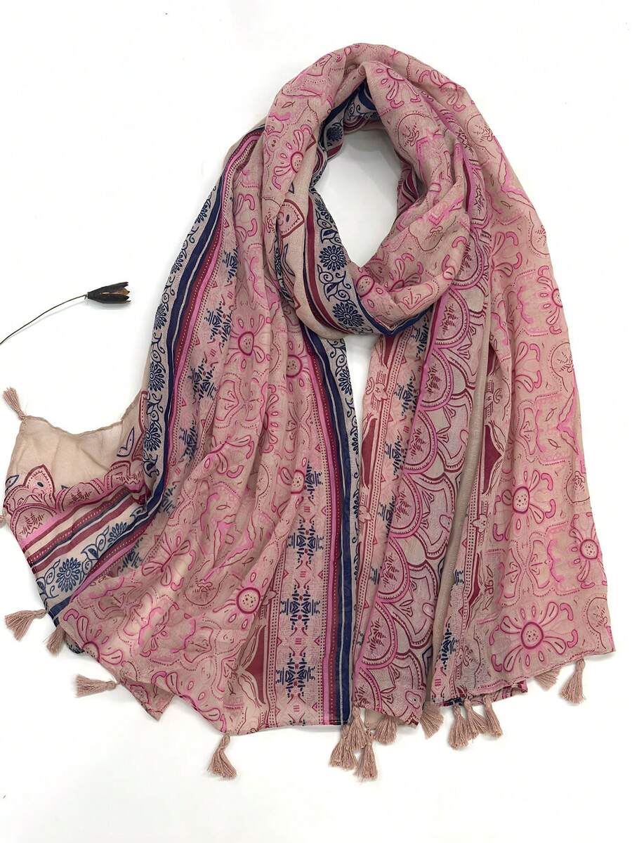 1条简约印花丝巾，轻盈透气，流苏披肩，优雅时尚的设计，适合女性，春夏百搭真丝围巾，户外防晒沙滩巾，连衣裙头巾。 - 皮粉色 - 查看 1