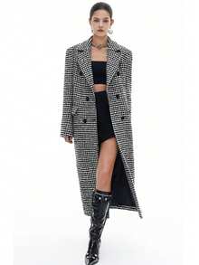 Abrigo de lana cruzado con pata de gallo para mujer - Blanco y Negro - Ver 2