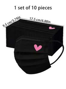 10/20/30pcs Set Cute Pink Heart Print Face Masks - Elastic Breathable Black Masks, Suitable For Women & Teens, Washable, Fashionable Daily Accessory, Interesting Design, Comfortable To Wear - Multicolor - View 5