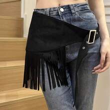 Women's Retro Western Hip Scarf Solid Color Tassel Buckle Triangle Hip Scarves Skirt Belly Dance Costume - 黑色 - 查看 3