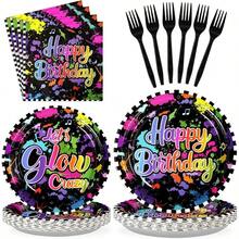 96 Pcs Neon Birthday Party Supplies 350 GSM Colorful Graffiti Paper Plates And Napkins Tableware Sets Glow In The Dark Decorations Favors For Baby Shower Rainbow Birthday Party Serves 24