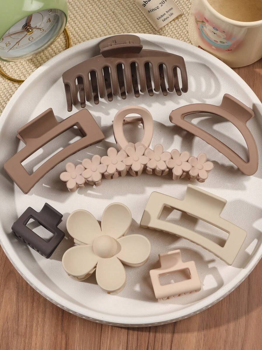 8件套简约棕色系发饰套装 - 发夹、花朵、发卡、方形、半圆形、交叉式，适合日常佩戴，秋冬时尚爪夹，夏季、假日、旅行皆宜
