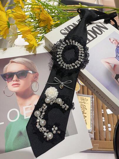 1 pieza Corbata de poliéster brillante para mujer, corbata de encaje elegante vintage con perlas falsas, diseño único con decoración de cristal, adecuada para ocasiones formales, fiestas, a juego con el moño del vestido para decoración navideña