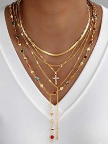 4pcs Elegant Luxurious Sexy Women Friendship Flower Gold Tone Cross Faux Pearl Necklace Set, Layered Long Necklaces For Daily, Party, Wedding Occasions