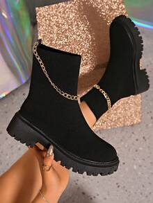 New Plus Size Women Boots, Elastic Band, Chain Decor, Knit, High-Top, Breathable, Lightweight, Casual, Versatile, Suitable For Spring, Autumn And Winter - Black - View 3
