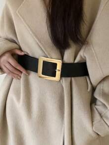 1pc Women's Black PU Leather High-Quality Metal Buckle Personalized Wide Waist Belt