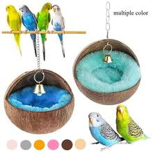 Kleine natürliche Kokosnussschale Vogelnest/Haus/Bett, geeignet zum Nisten & Brüten, mit Anti-Picken Pad und Glocke, passend für Papageien, Aras und andere Vögel (Glockenfarbe zufällig), inklusive Nestpolster/Kokosfaser, geeignet für alle Jahreszeiten - Verschiedenfarbig - Übersicht 3