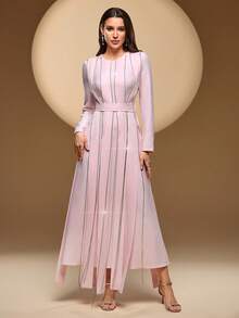 Vestido largo de manga larga con cinturón, cuello redondo de unicolor, flor oscilante con rhinestones asimétrica, volante delantero asimétrico, adecuado para múltiples ocasiones - Rosa - Ver 4