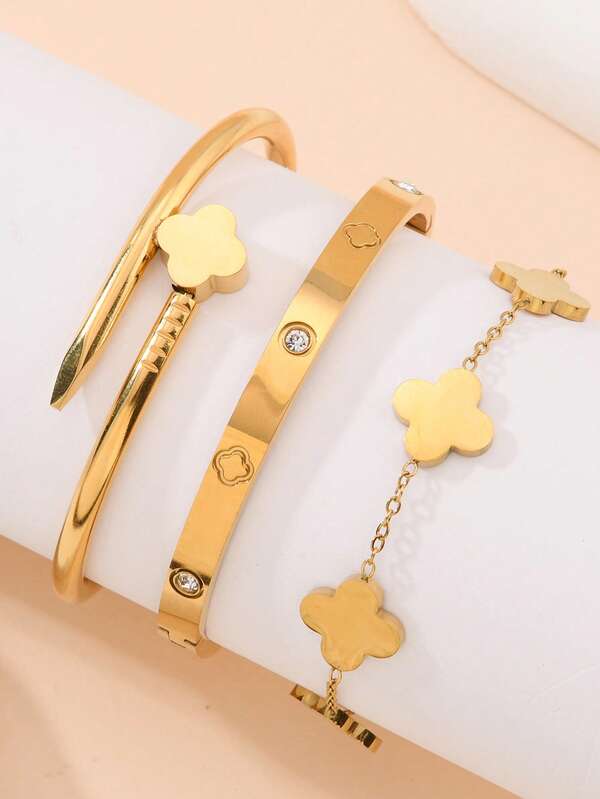 Conjunto de 3/2 peças/novos conjuntos de joias vintage estilo ocidental, banhados a ouro, aço inoxidável, trevo de quatro folhas, pulseiras de unha, conjuntos de joias empilháveis para mulheres
