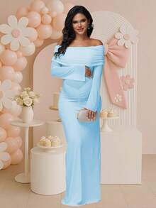 JustVH Maternity Contrast Mesh Off-Shoulder Dress Ruched Mermaid Hem For Baby Shower Elegant Stretch Maxi Outfit Photoshoot