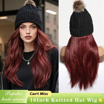 Peluca con gorro de punto desmontable, extensiones de cabello liso y largo con estilo, con gorro de punto negro. Gorro de punto negro con peluca para mujeres, para Halloween, Navidad, fiestas y uso diario