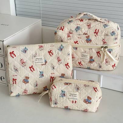 毛绒娃娃化妆包，可爱卡通化妆品收纳包，大容量便携式洗漱包，绗缝化妆包，印花大号化妆包，棉质化妆包套装，花朵图案旅行洗漱包